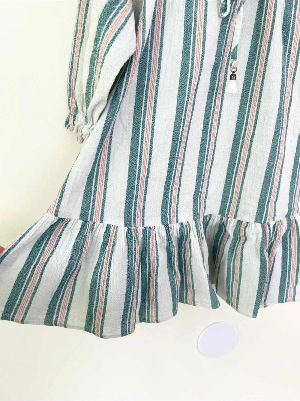 ZIMMERMAN Kids Kali Striped Cotton Dress Blue Green size 6Y Ruffle Hem Tie Neck